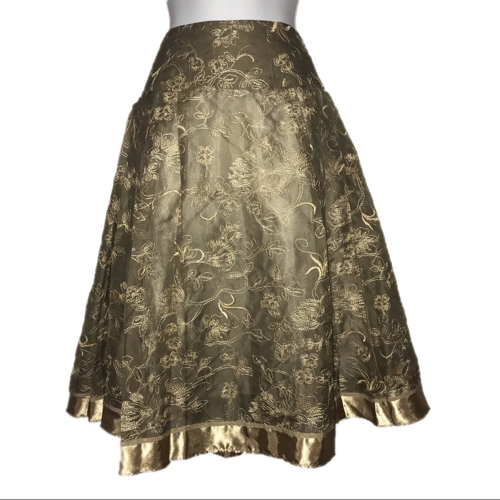 Coldwater Creek Embroidered Elastic Back Silk Satin Women Taupe Skirt P M*